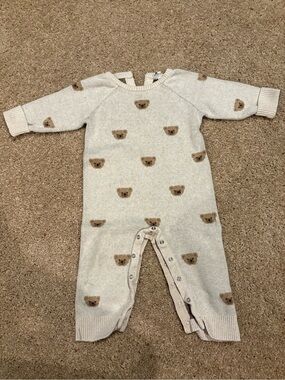 Janie and Jack Cream Knit Bear-Print One-Piece